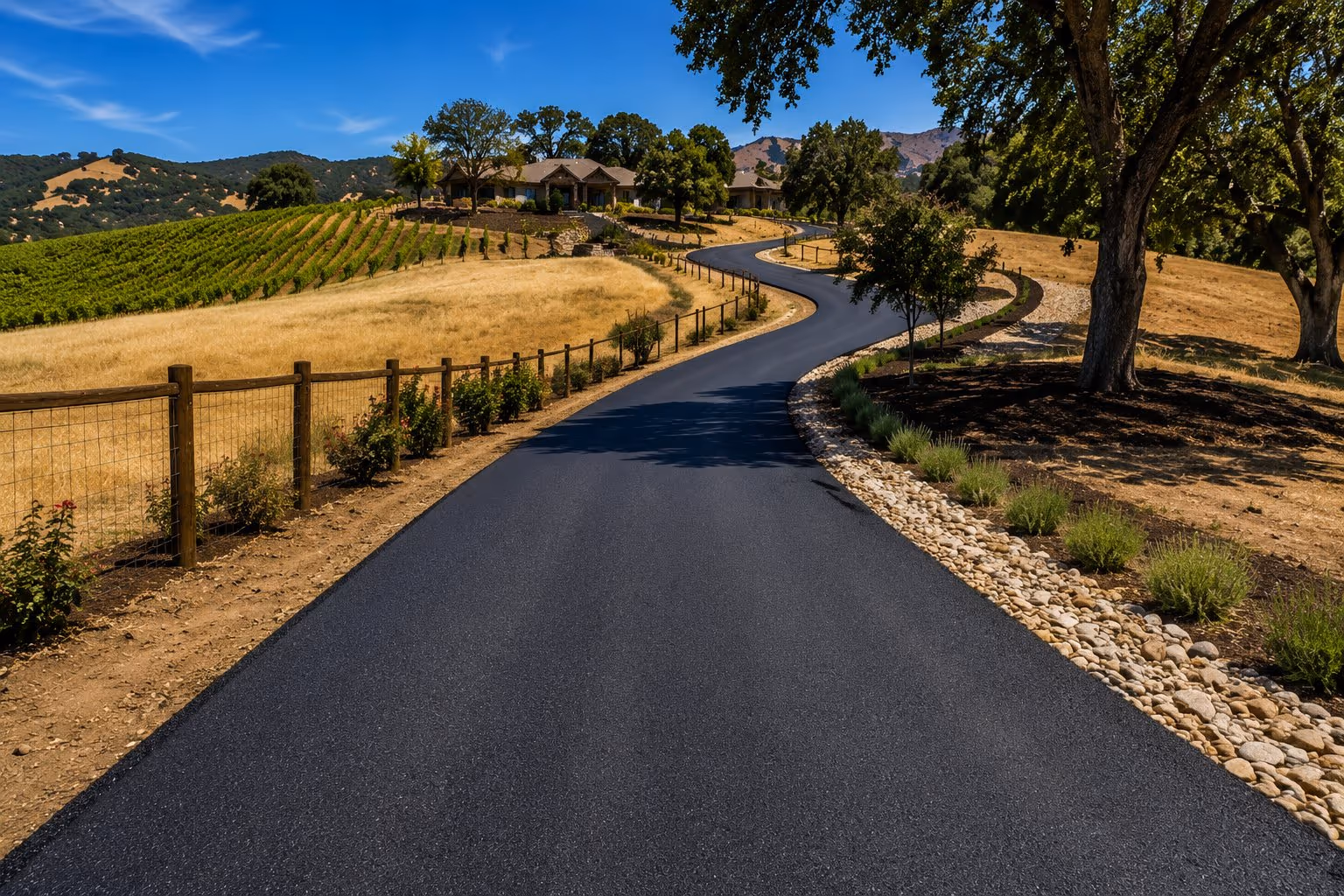 Freshly paved and edged asphalt driveway on a Sonoma County estate